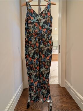 Sugarhill Brighton V-Neck Jumpsuit - Black Base with Teal & Coral Foliage